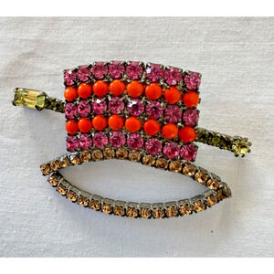 Vtg KJL Kenneth J Lane Pink Orange Rhinestone Top Hat Cane Gunmetal Pin Brooch